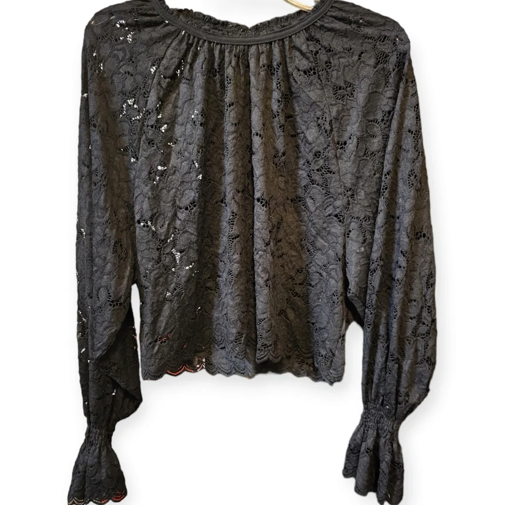 Free People Olivia Black Lace Top with Poet Sleeve